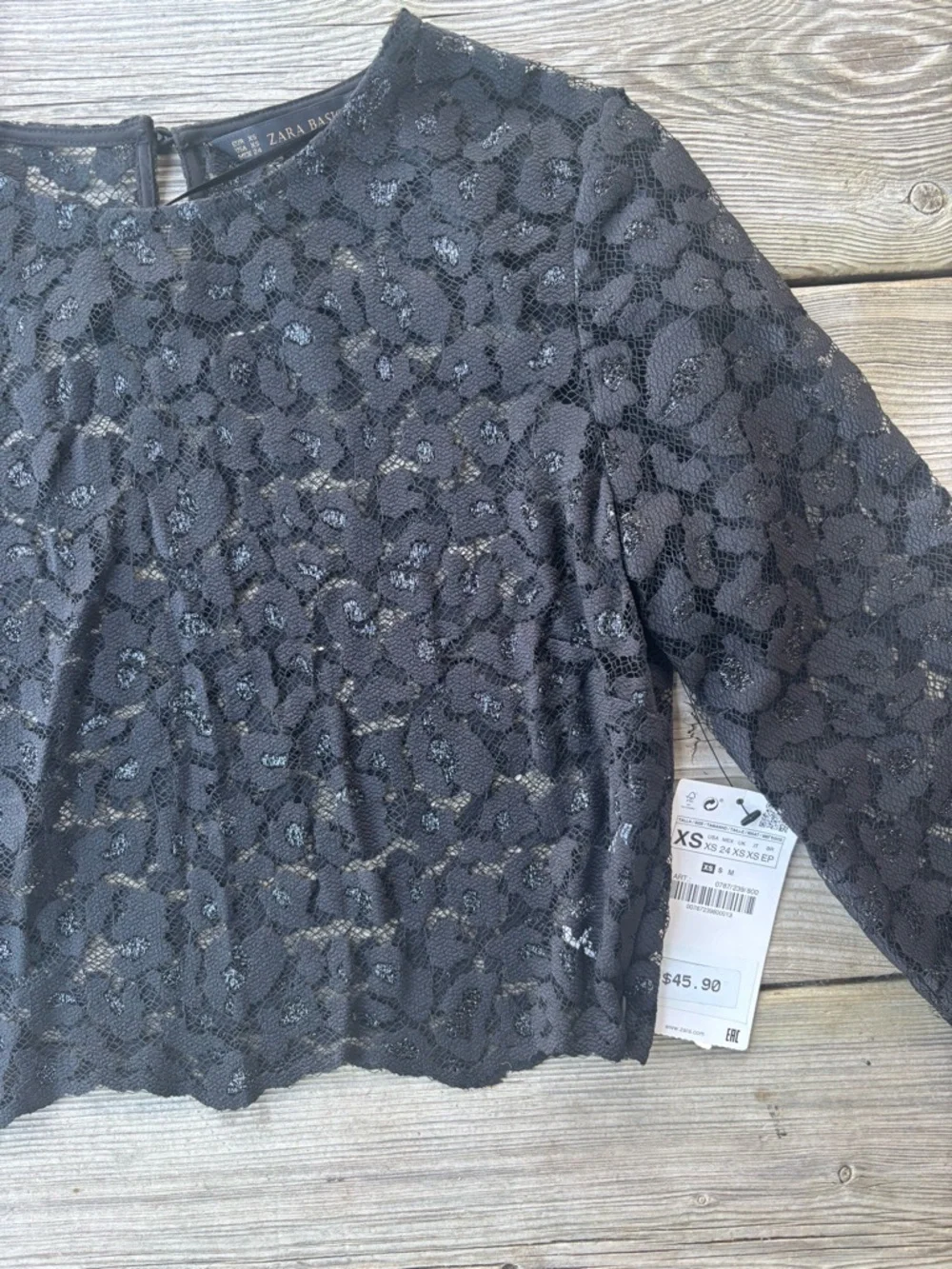 Zara Black Lace Sheer Cropped Top XS Floral 3/4 Sleeve NWT - Picture 2 of 11
